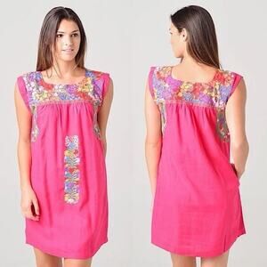 J Marie Marie Shift Dress Embroidered in Pink Size Medium Linen Blend